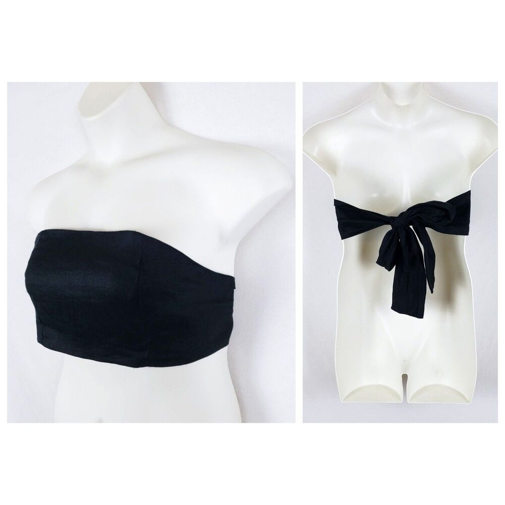 Euro Summer Resort Linen Bandeau Top Womens L Tie-Back Vacation Black Scandi